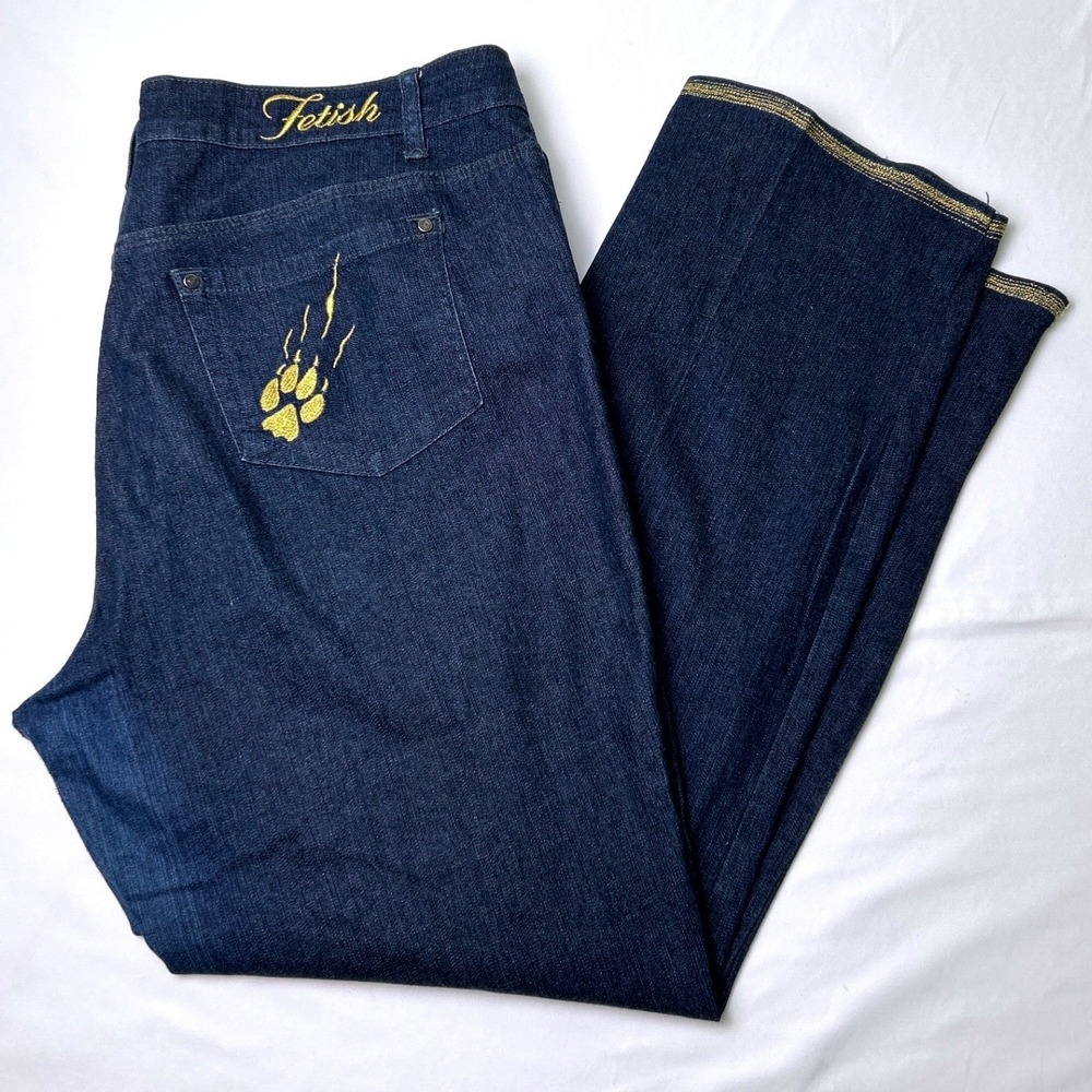 Fetish Womens High Rise Straight Leg Jeans Size 18 Dark Wash Y2K Gold Paw Print
